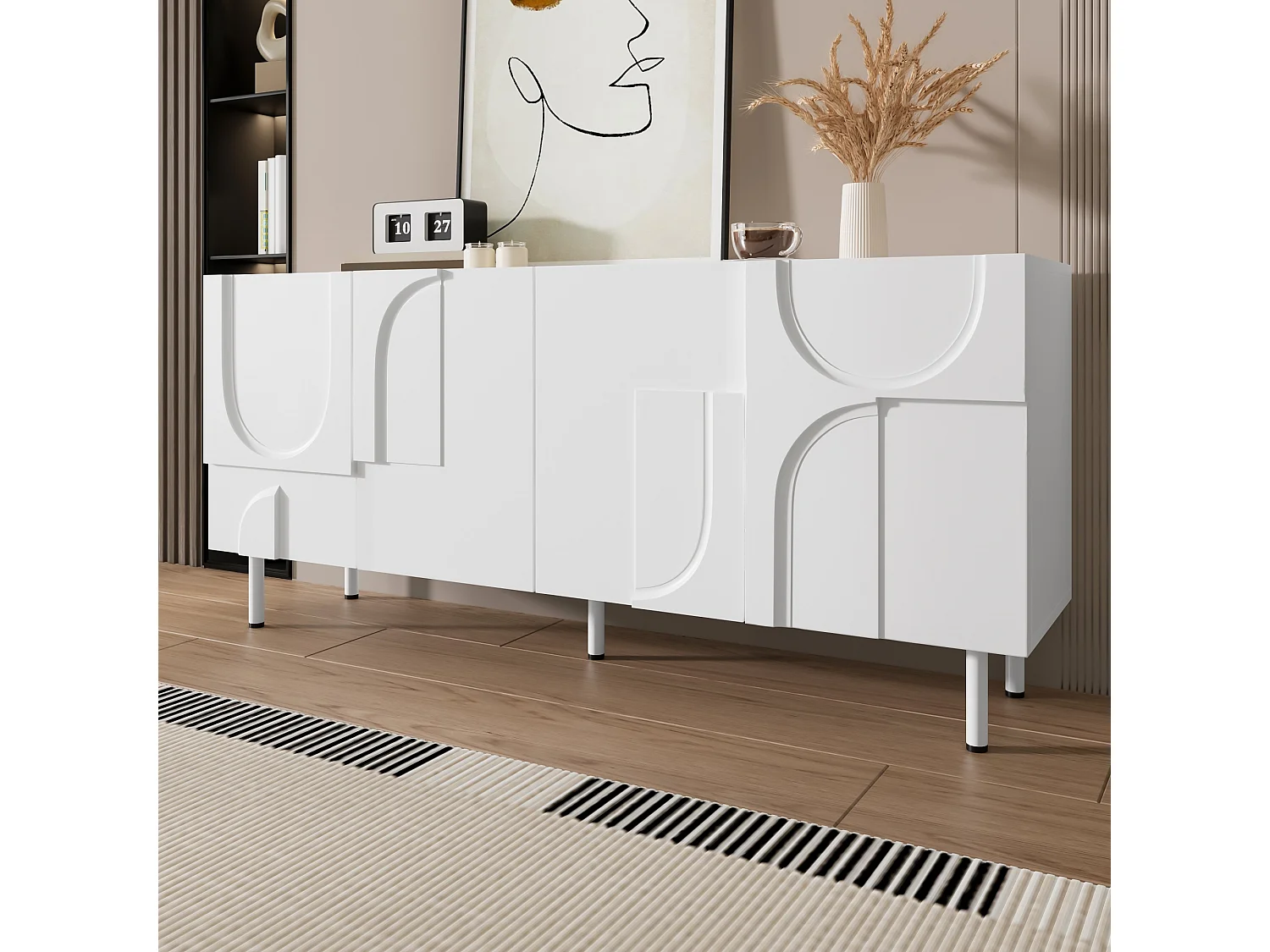 Buffet  moderne 160x38,5x70 cm - 4 portes - Pieds en métal - MDF + panneaux de particules - Blanc