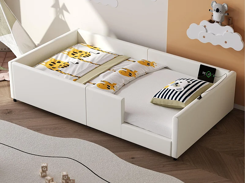 Lit enfant 90x200cm - avec barrières de sécurité - avec ports USB et Type-C - MDF + PU - Blanc (matelas non inclus)