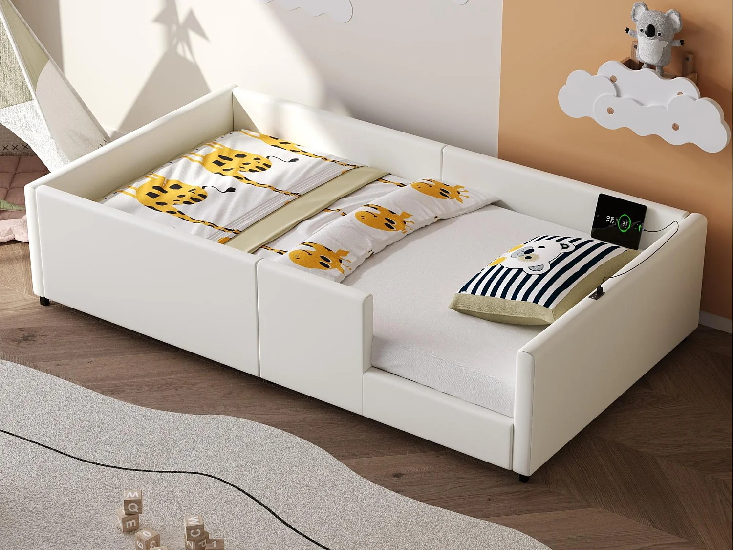 Lit enfant 90x200cm - avec barrières de sécurité - avec ports USB et Type-C - MDF + PU - Blanc (matelas non inclus)