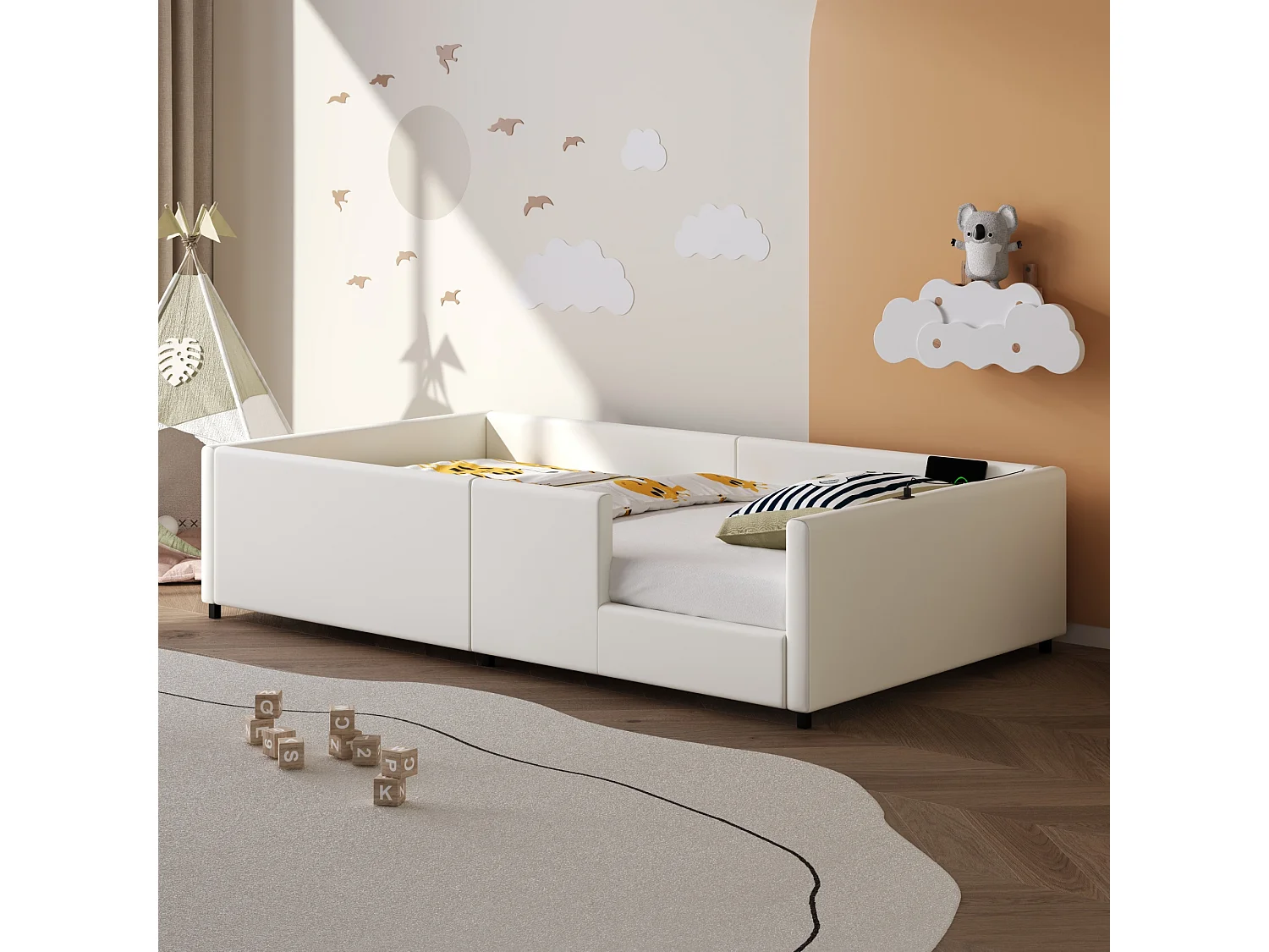 Lit enfant 90x200cm - avec barrières de sécurité - avec ports USB et Type-C - MDF + PU - Blanc (matelas non inclus)