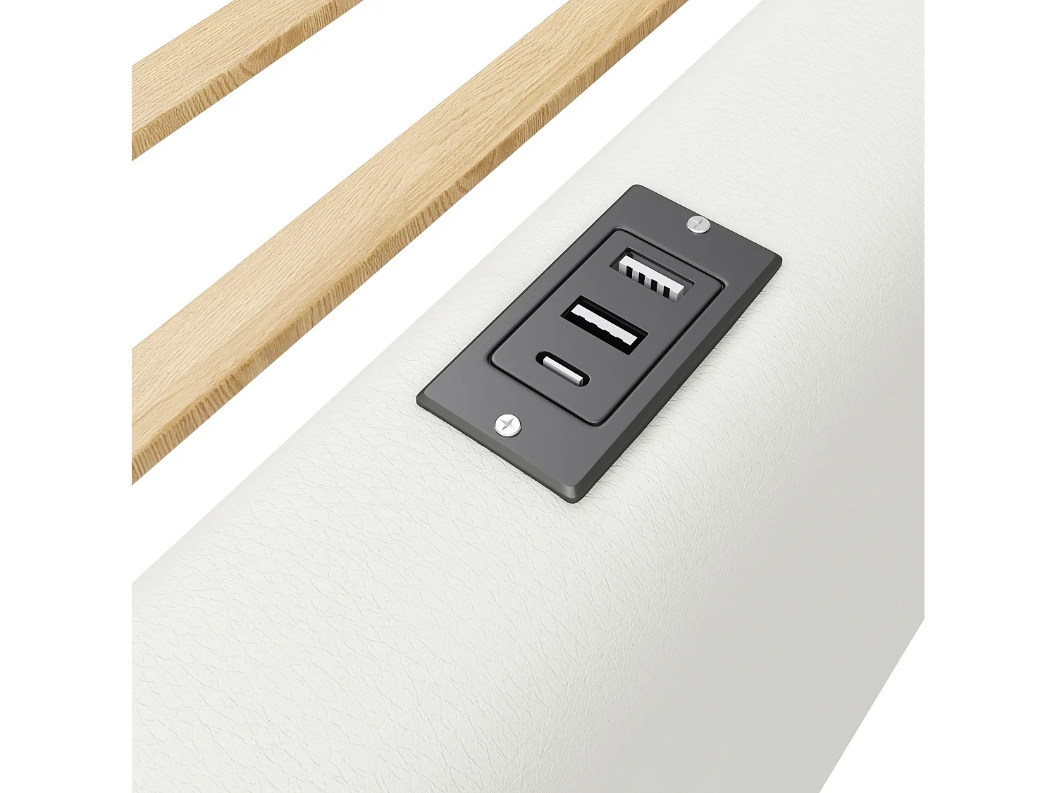 Lit enfant 90x200cm - avec barrières de sécurité - avec ports USB et Type-C - MDF + PU - Blanc (matelas non inclus)