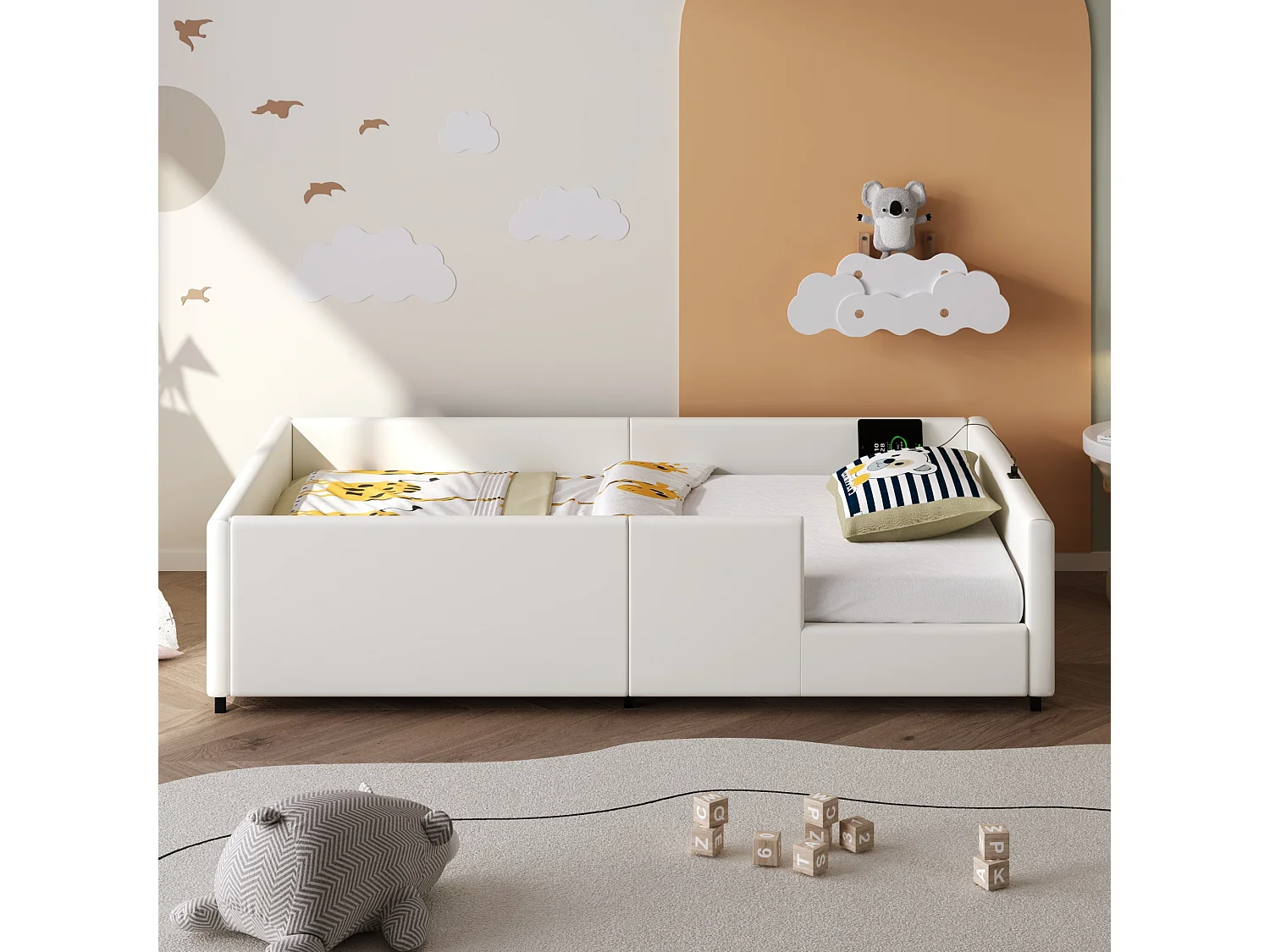 Lit enfant 90x200cm - avec barrières de sécurité - avec ports USB et Type-C - MDF + PU - Blanc (matelas non inclus)