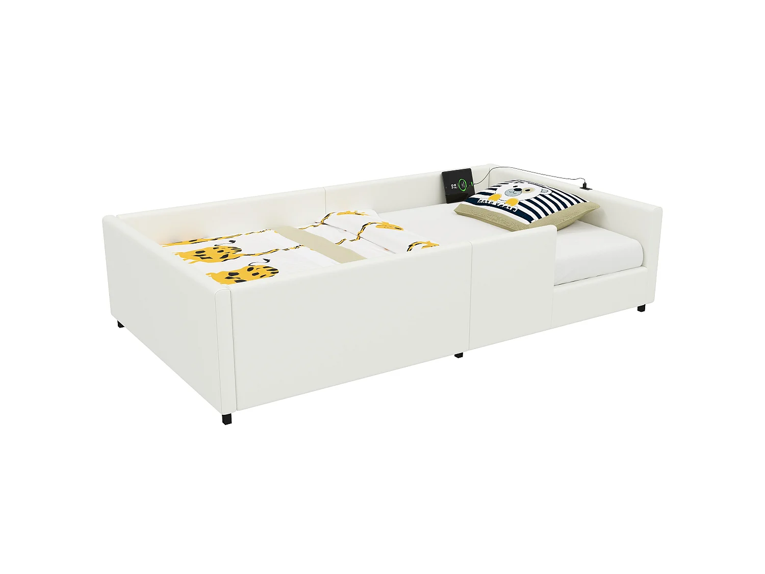 Lit enfant 90x200cm - avec barrières de sécurité - avec ports USB et Type-C - MDF + PU - Blanc (matelas non inclus)