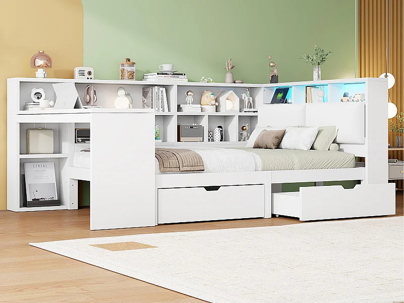 Lit enfant 140x200cm - avec bureau et bibliothèque - avec LED - avec 2 tiroirs - Tête de lit rembourrée - Blanc (sans matelas)