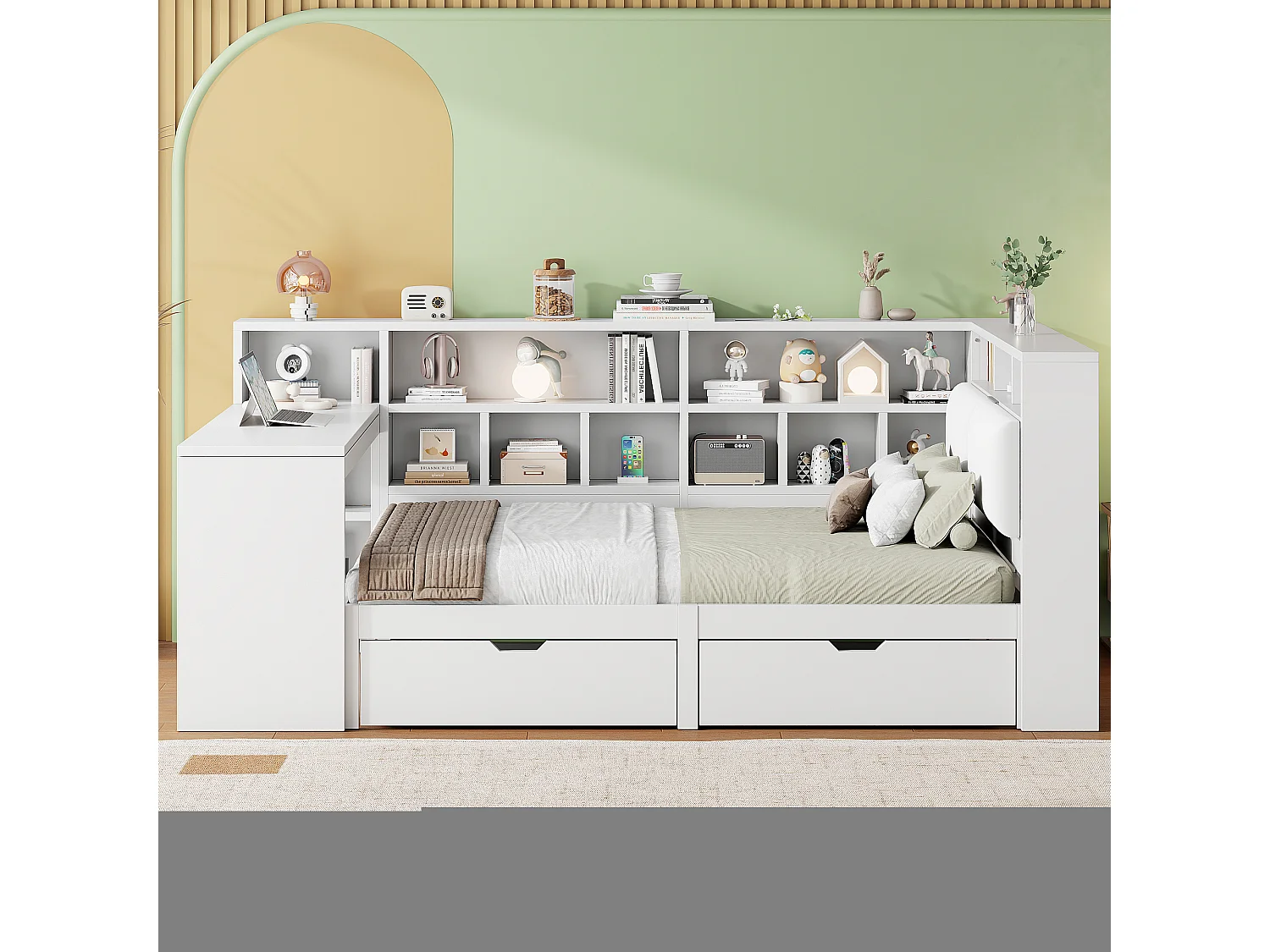 Lit enfant 140x200cm - avec bureau et bibliothèque - avec LED - avec 2 tiroirs - Tête de lit rembourrée - Blanc (sans matelas)