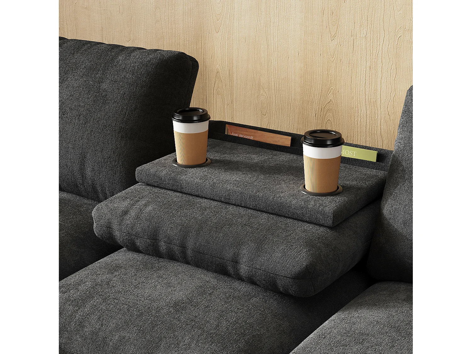 Canapé d'angle moderne en L - avec 2 porte-gobelets - 1 port USB et 1 port Type-C - avec 2 accoudoirs de rangement - Tissu chenille - Gris