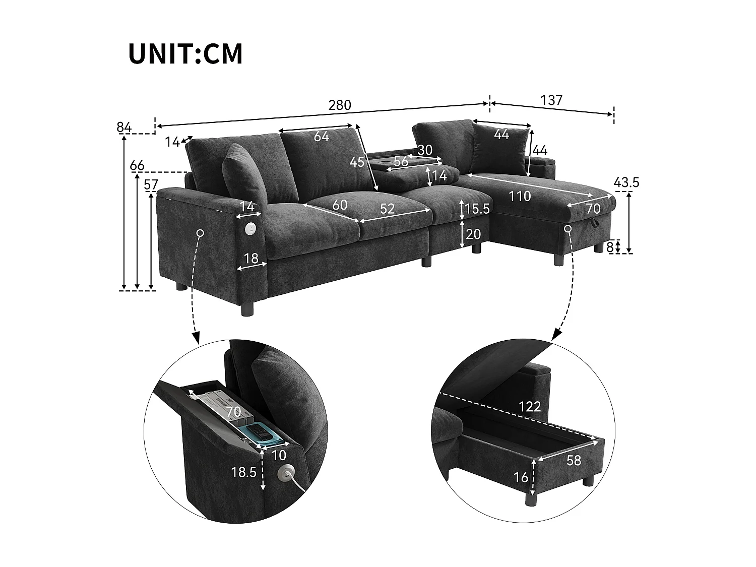 Canapé d'angle moderne en L - avec 2 porte-gobelets - 1 port USB et 1 port Type-C - avec 2 accoudoirs de rangement - Tissu chenille - Gris