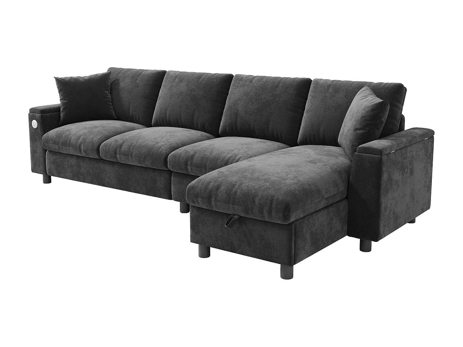 Canapé d'angle moderne en L - avec 2 porte-gobelets - 1 port USB et 1 port Type-C - avec 2 accoudoirs de rangement - Tissu chenille - Gris