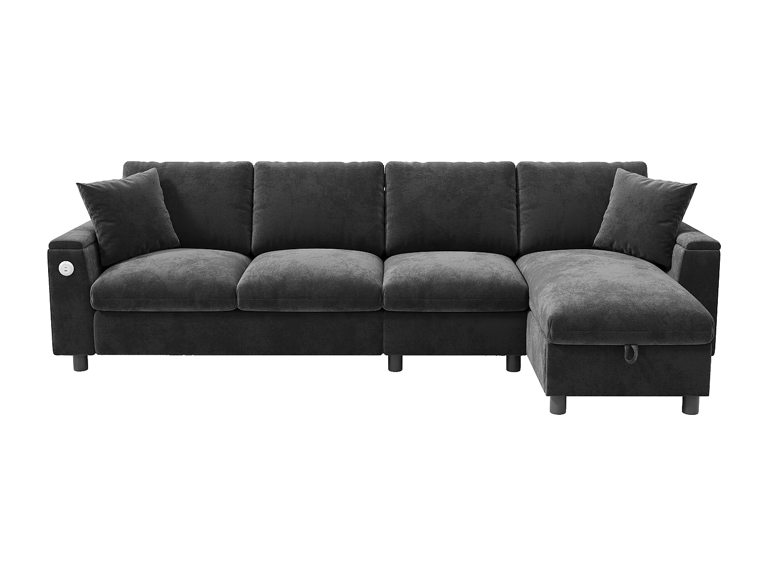 Canapé d'angle moderne en L - avec 2 porte-gobelets - 1 port USB et 1 port Type-C - avec 2 accoudoirs de rangement - Tissu chenille - Gris