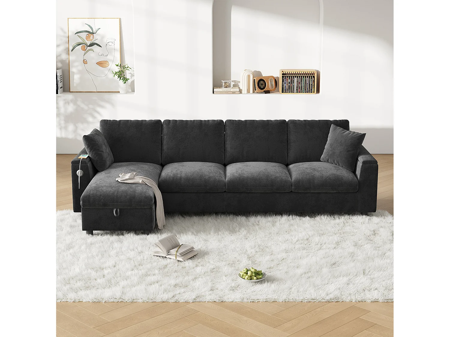 Divano angolare moderno a L - con 2 portabicchieri - 1 porta USB e 1 porta Tipo-C - con 2 braccioli con ripostiglio - Tessuto di peluche - ​​Grigio​