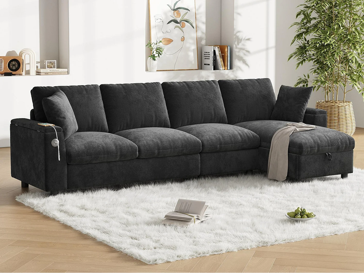 Modern L-shaped corner sofa - with 2 cup holders - 1 USB port and 1 Type-C port - with 2 storage armrests - Chenille fabric - Grey