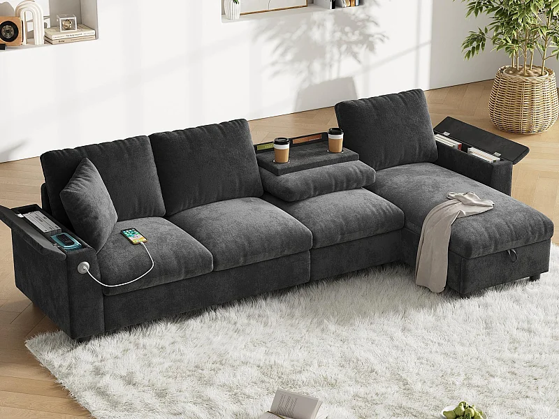 Canapé d'angle moderne en L - avec 2 porte-gobelets - 1 port USB et 1 port Type-C - avec 2 accoudoirs de rangement - Tissu chenille - Gris