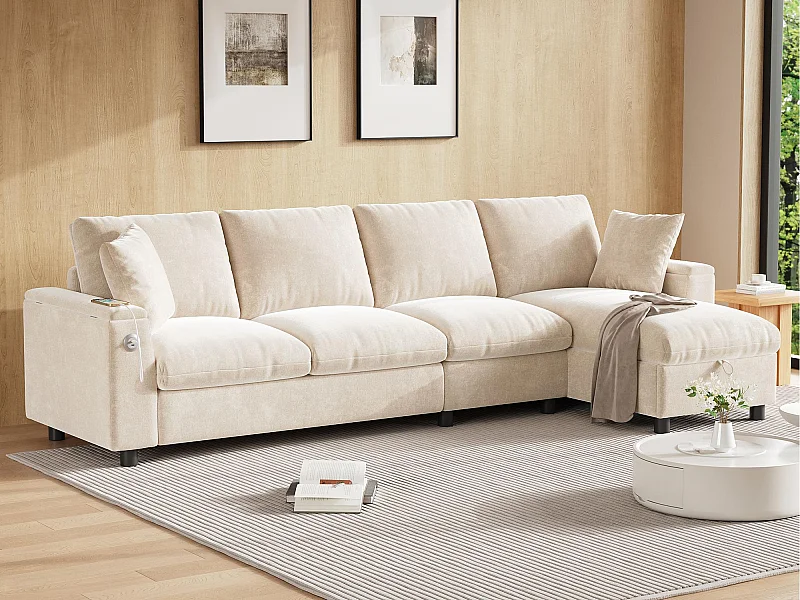 Canapé d'angle moderne en L - avec 2 porte-gobelets - 1 port USB et 1 port Type-C - avec 2 accoudoirs de rangement - Tissu chenille - Beige