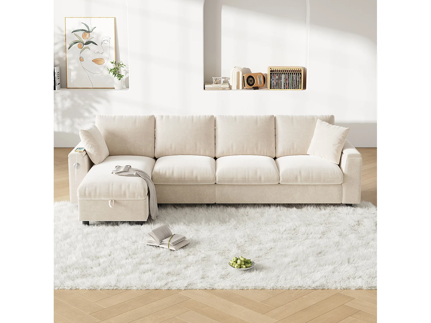 Canapé d'angle moderne en L - avec 2 porte-gobelets - 1 port USB et 1 port Type-C - avec 2 accoudoirs de rangement - Tissu chenille - Beige