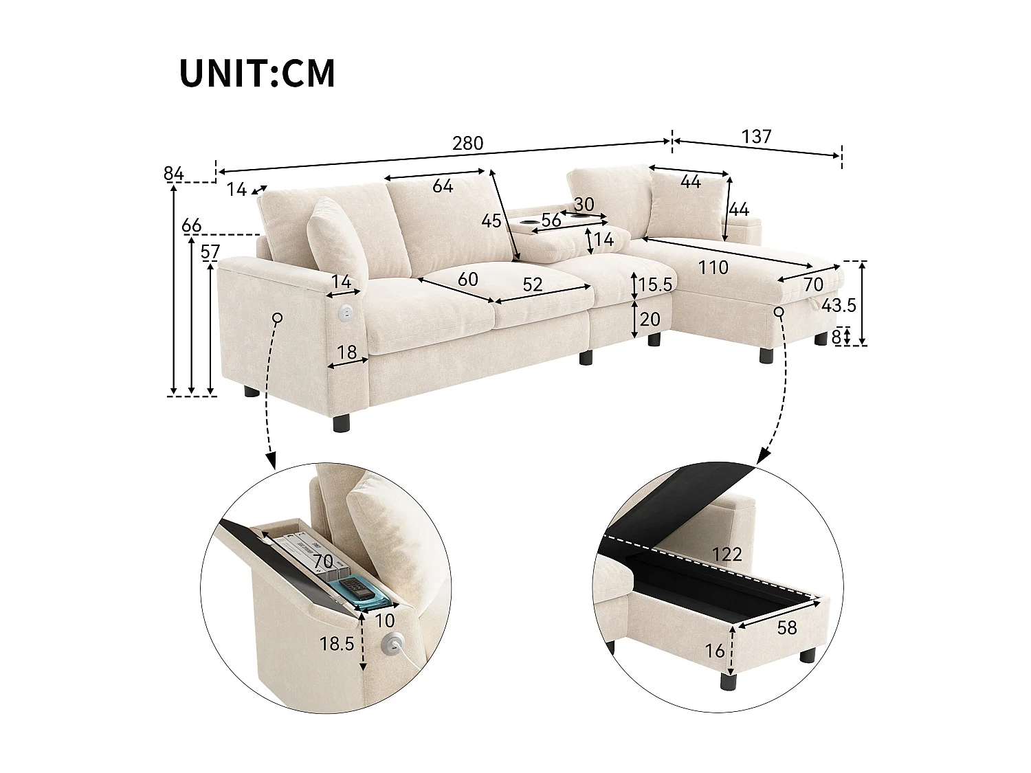 Canapé d'angle moderne en L - avec 2 porte-gobelets - 1 port USB et 1 port Type-C - avec 2 accoudoirs de rangement - Tissu chenille - Beige