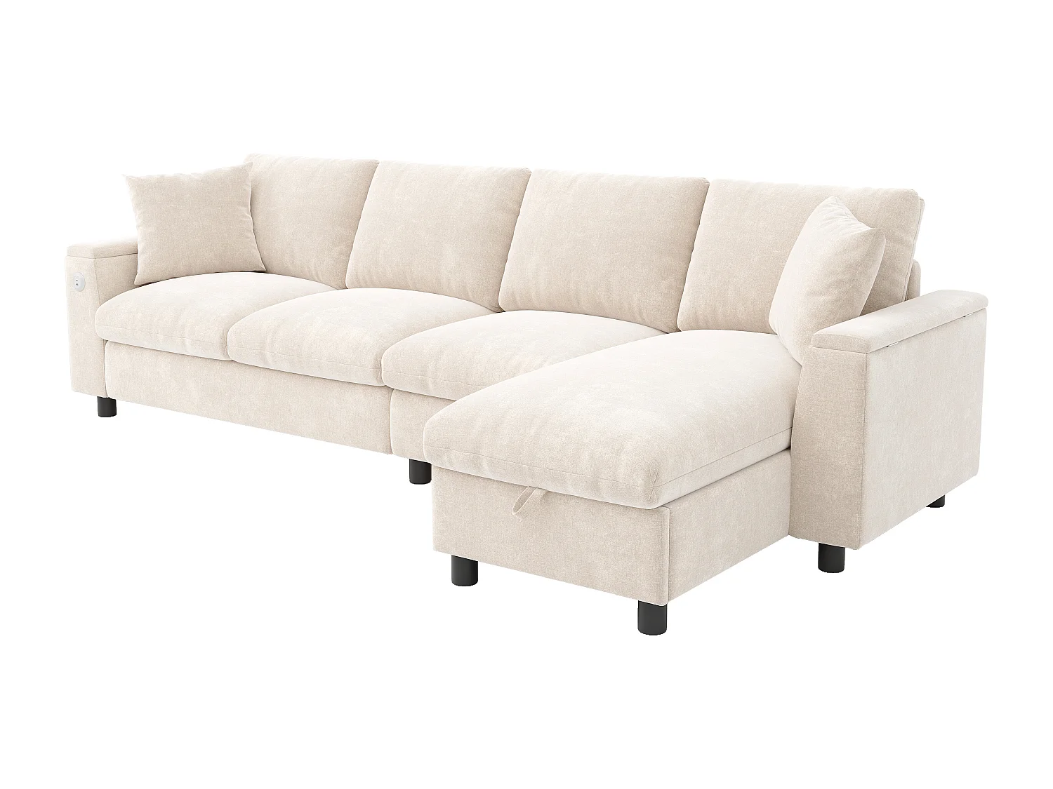 Canapé d'angle moderne en L - avec 2 porte-gobelets - 1 port USB et 1 port Type-C - avec 2 accoudoirs de rangement - Tissu chenille - Beige