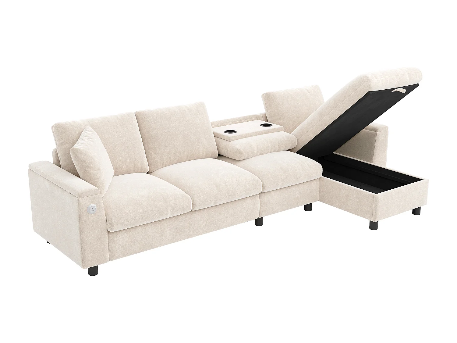 Canapé d'angle moderne en L - avec 2 porte-gobelets - 1 port USB et 1 port Type-C - avec 2 accoudoirs de rangement - Tissu chenille - Beige