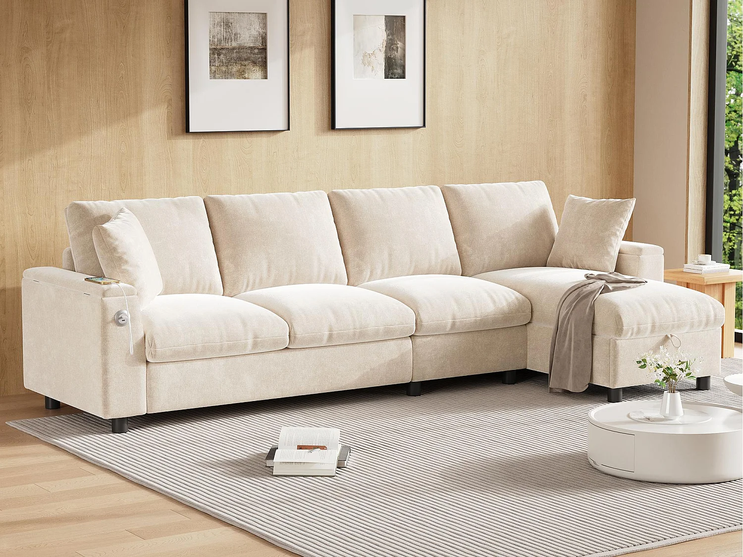 Canapé d'angle moderne en L - avec 2 porte-gobelets - 1 port USB et 1 port Type-C - avec 2 accoudoirs de rangement - Tissu chenille - Beige