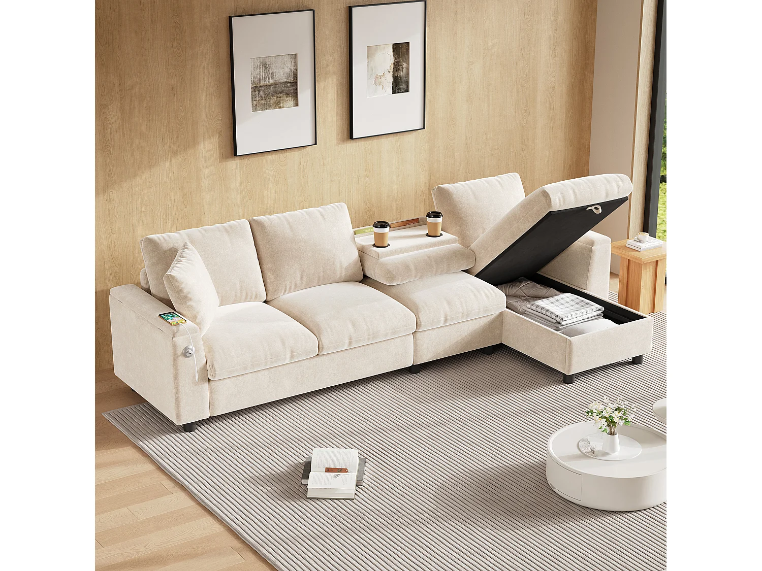 Canapé d'angle moderne en L - avec 2 porte-gobelets - 1 port USB et 1 port Type-C - avec 2 accoudoirs de rangement - Tissu chenille - Beige