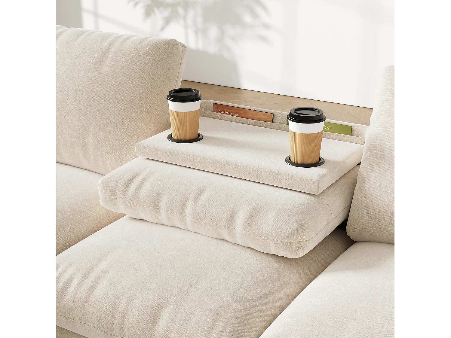 Canapé d'angle moderne en L - avec 2 porte-gobelets - 1 port USB et 1 port Type-C - avec 2 accoudoirs de rangement - Tissu chenille - Beige