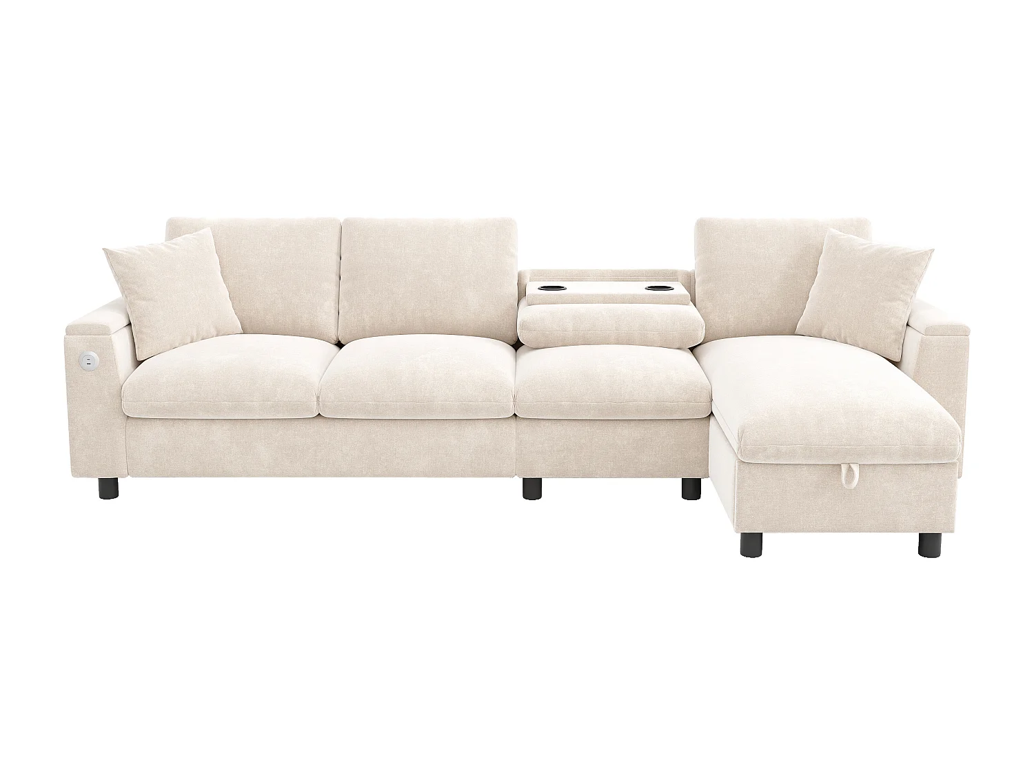 Canapé d'angle moderne en L - avec 2 porte-gobelets - 1 port USB et 1 port Type-C - avec 2 accoudoirs de rangement - Tissu chenille - Beige