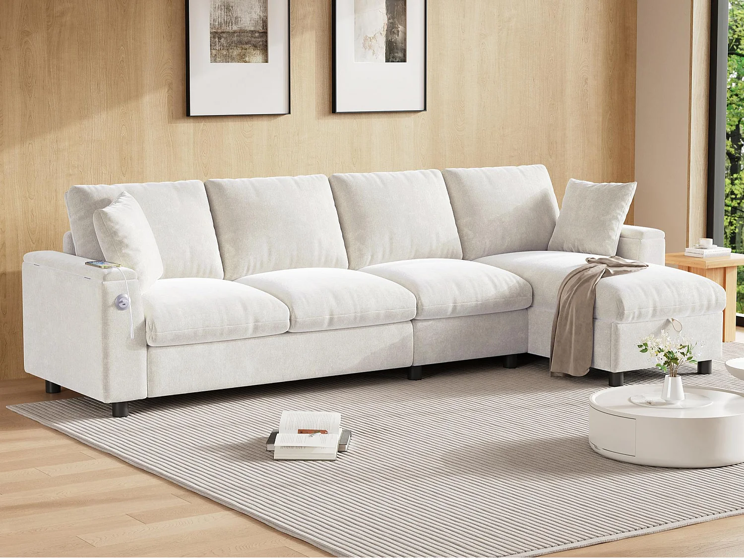Modern L-shaped corner sofa - with 2 cup holders - 1 USB port and 1 Type-C port - with 2 storage armrests - Chenille fabric - Beige