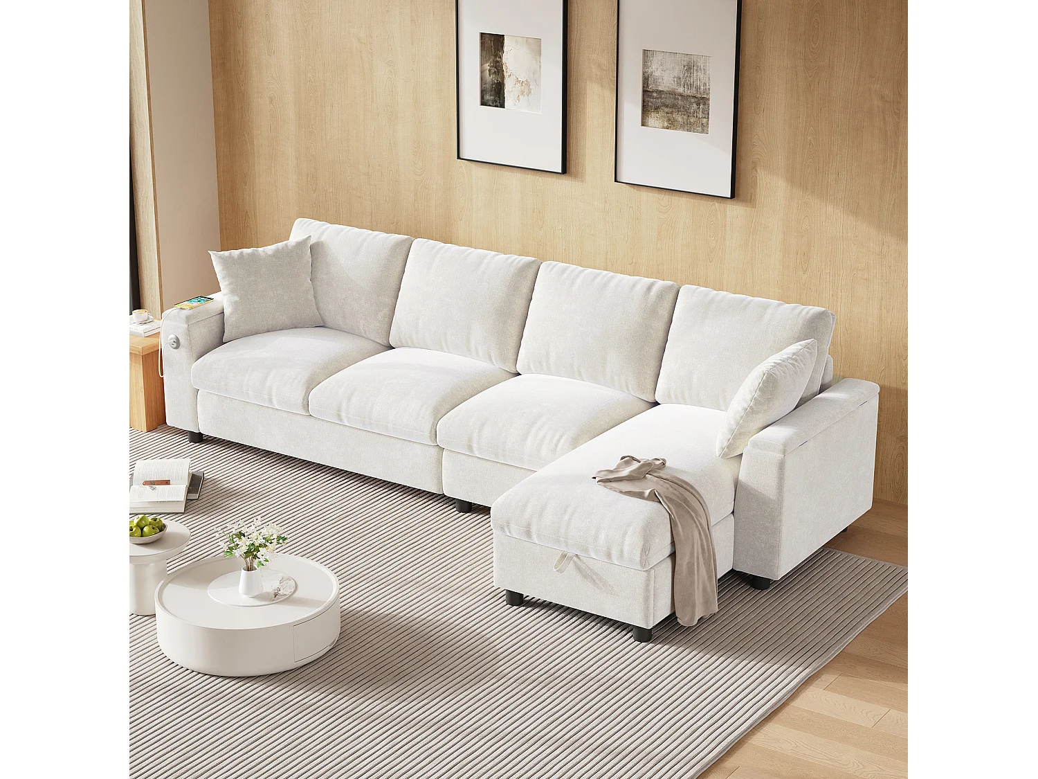 Modern L-shaped corner sofa - with 2 cup holders - 1 USB port and 1 Type-C port - with 2 storage armrests - Chenille fabric - Beige