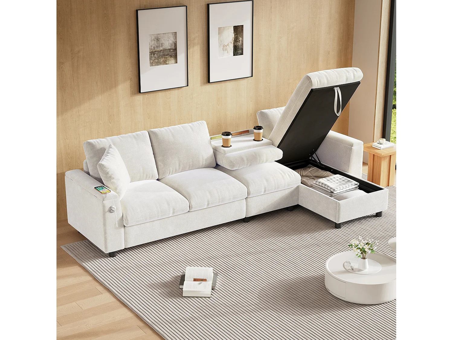 Modern L-shaped corner sofa - with 2 cup holders - 1 USB port and 1 Type-C port - with 2 storage armrests - Chenille fabric - Beige