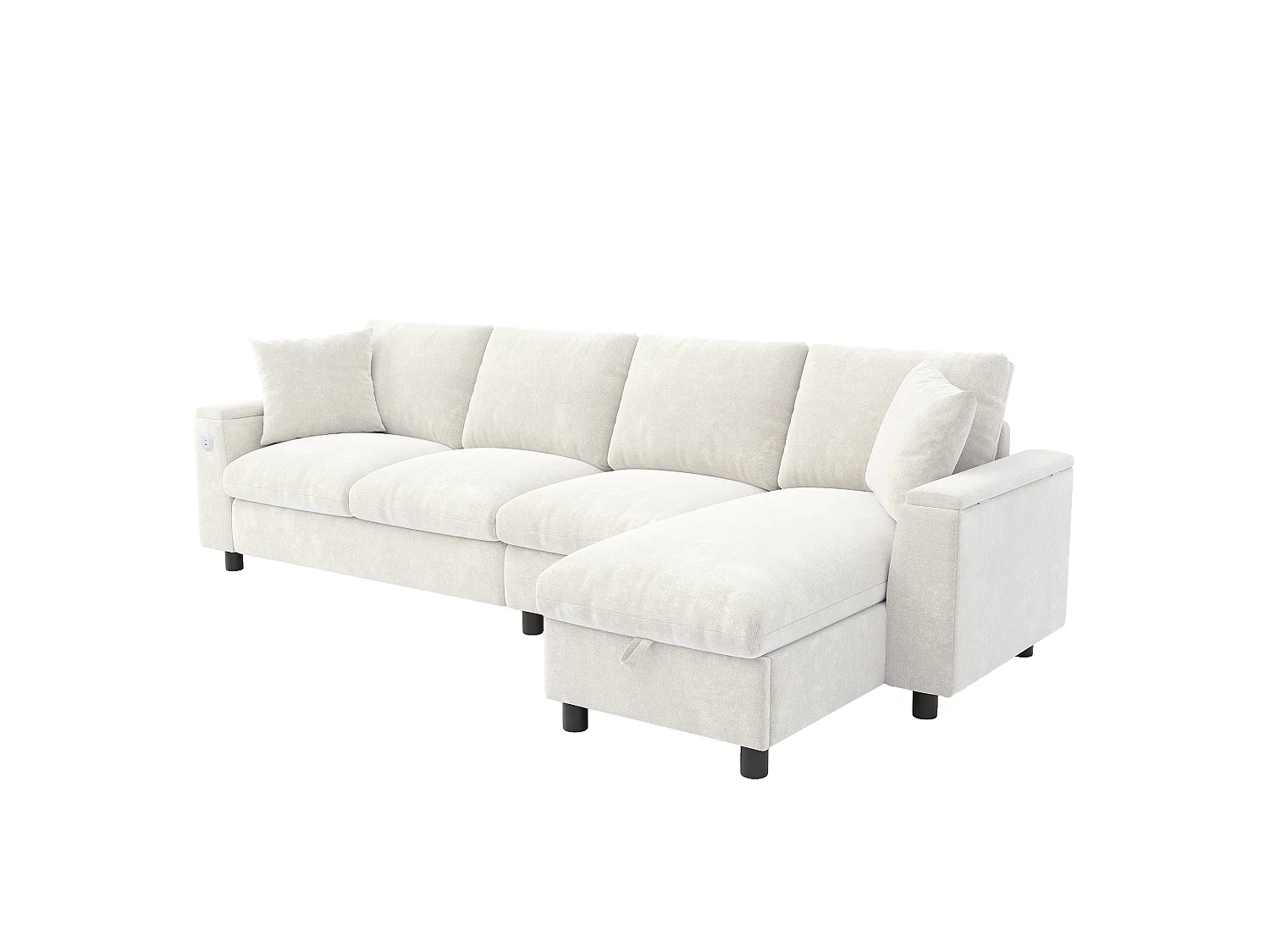 Modern L-shaped corner sofa - with 2 cup holders - 1 USB port and 1 Type-C port - with 2 storage armrests - Chenille fabric - Beige