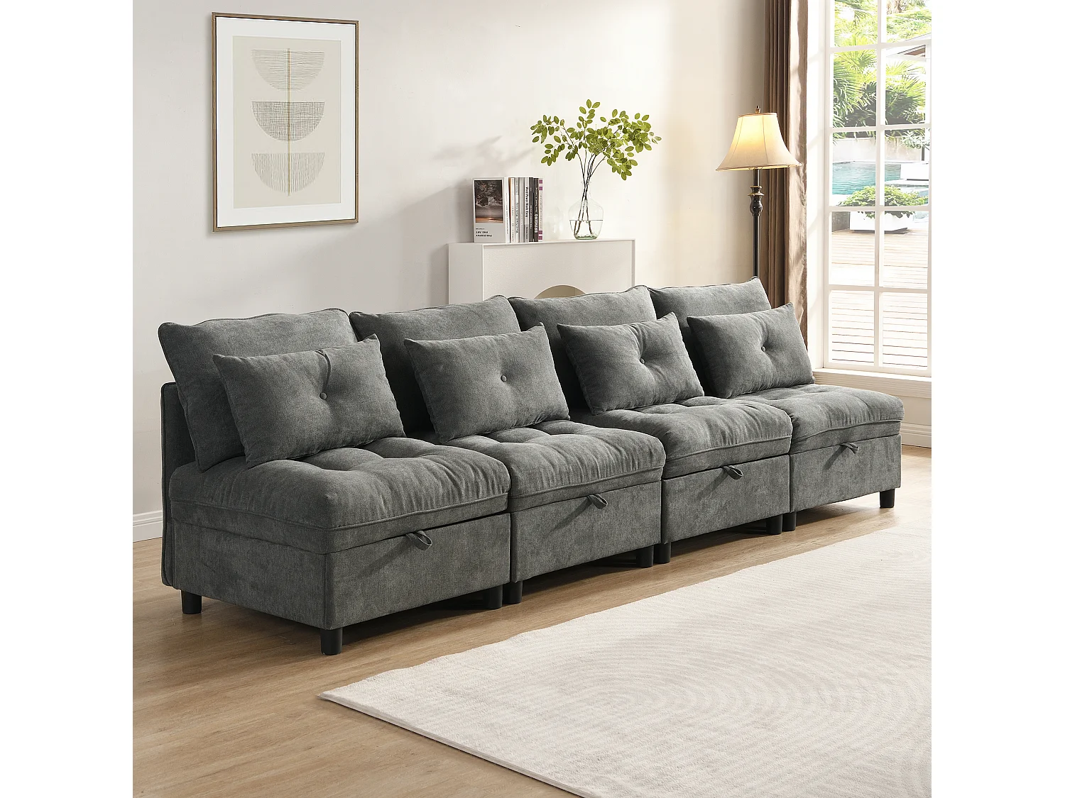 Divano modulare 4 posti + spazio di riporre + rivestimento in peluche - con combinazione divano letto - Grigio