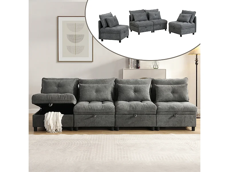 Canapé modulaire 4 places + espace de rangement + revêtement en chenille - avec combinaison canapé-lit - Gris