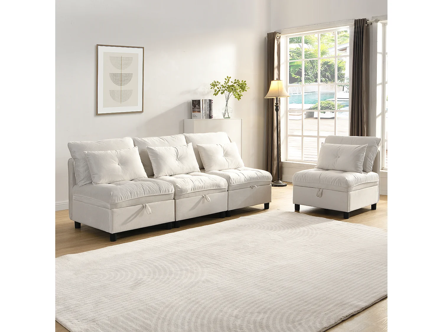 Sofá modular 4 lugares + espaço de armazenamento + revestimento em pelúcia - com combinação de sofá-cama - ​​Bege​