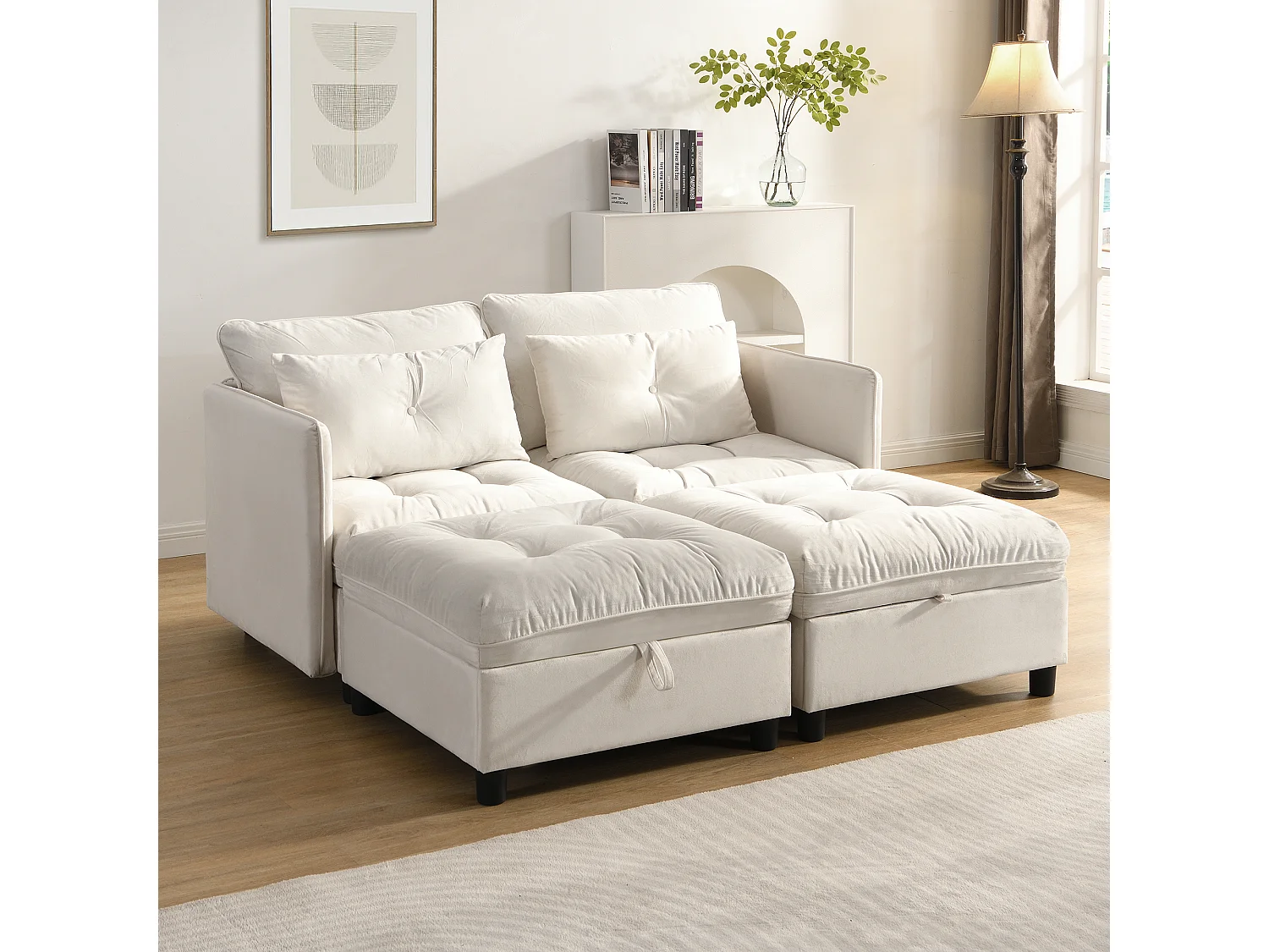 Sofá modular 4 lugares + espaço de armazenamento + revestimento em pelúcia - com combinação de sofá-cama - ​​Bege​