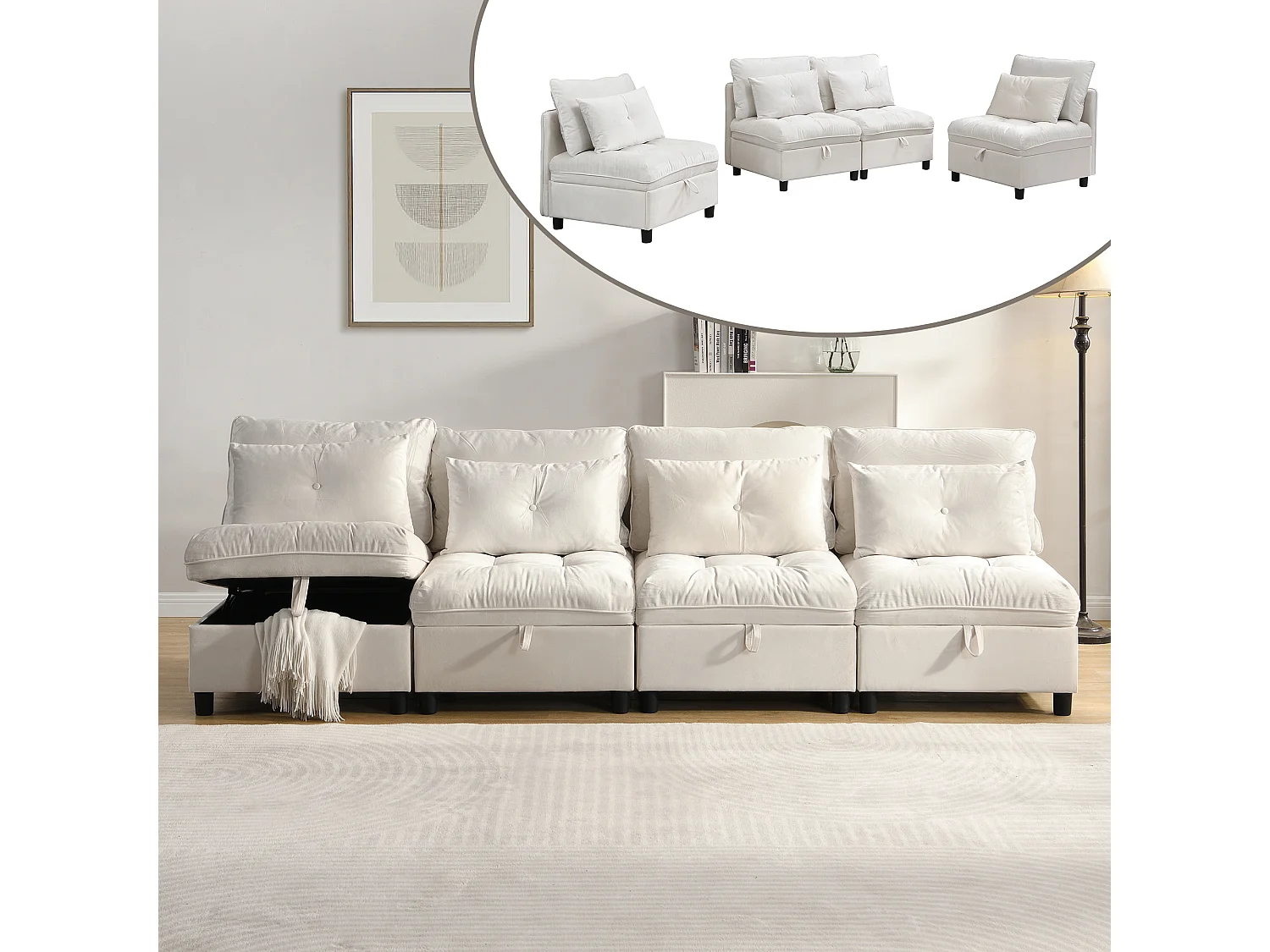 Divano modulare 4 posti + spazio di riporre + rivestimento in peluche - con combinación divano letto - ​​Beige​