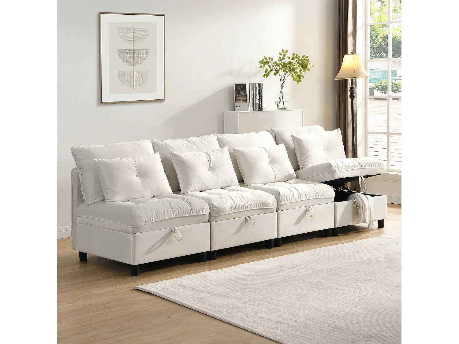 Divano modulare 4 posti + spazio di riporre + rivestimento in peluche - con combinación divano letto - ​​Beige​