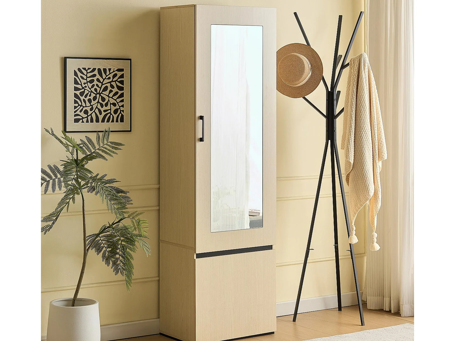 Ensemble vestiaire d'entrée 54x34,5x179,5 cm - avec miroir - avec tringle à vêtements rétractable - 2 portes - MDF - Naturel