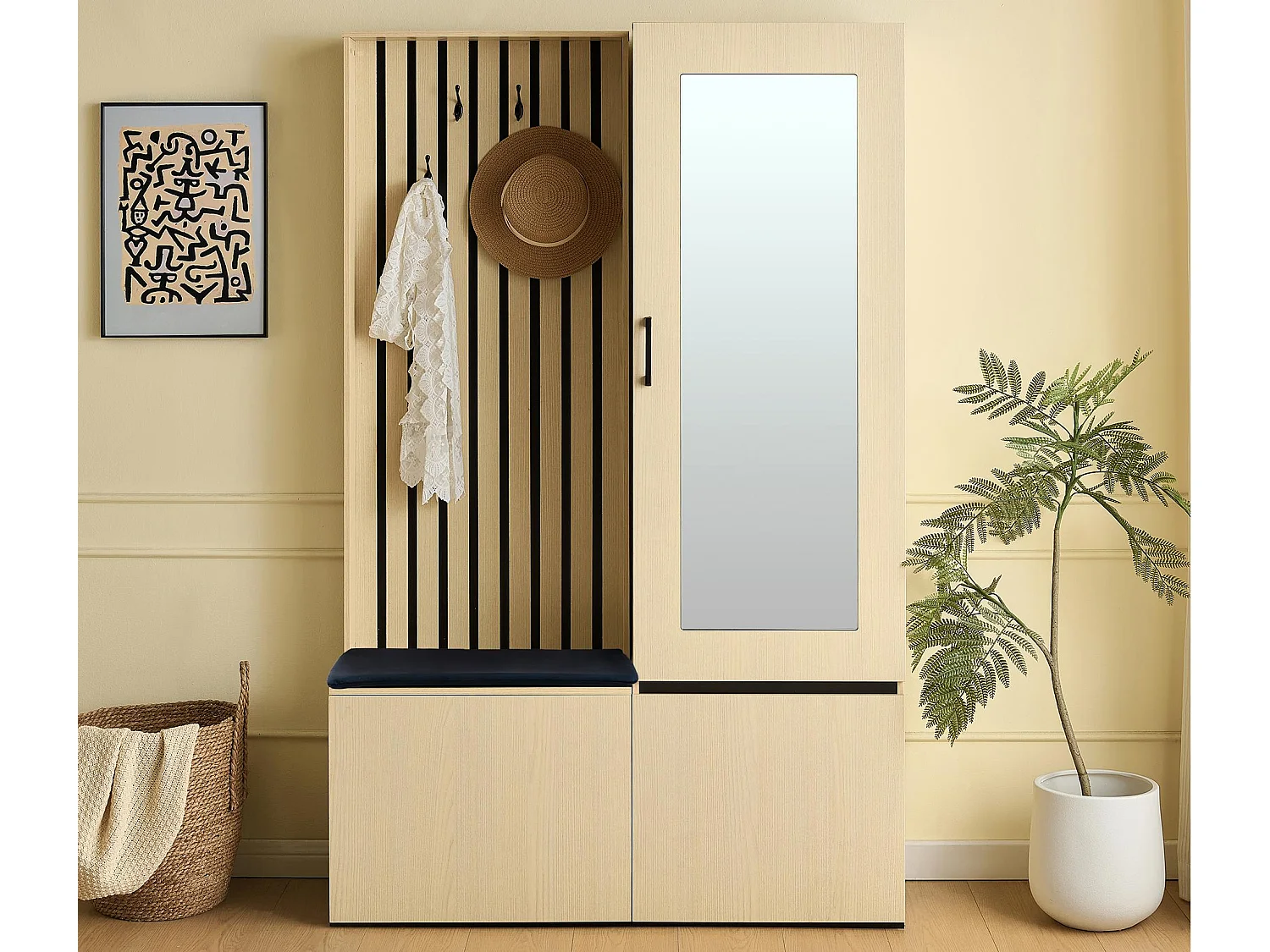 Ensemble vestiaire d'entrée - tringle à vêtements - meuble à chaussures et banc rembourré - avec miroir et 4 crochets - Naturel