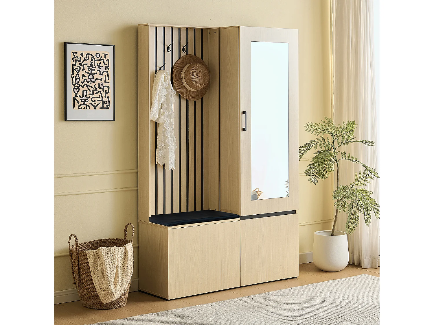 Ensemble vestiaire d'entrée - tringle à vêtements - meuble à chaussures et banc rembourré - avec miroir et 4 crochets - Naturel