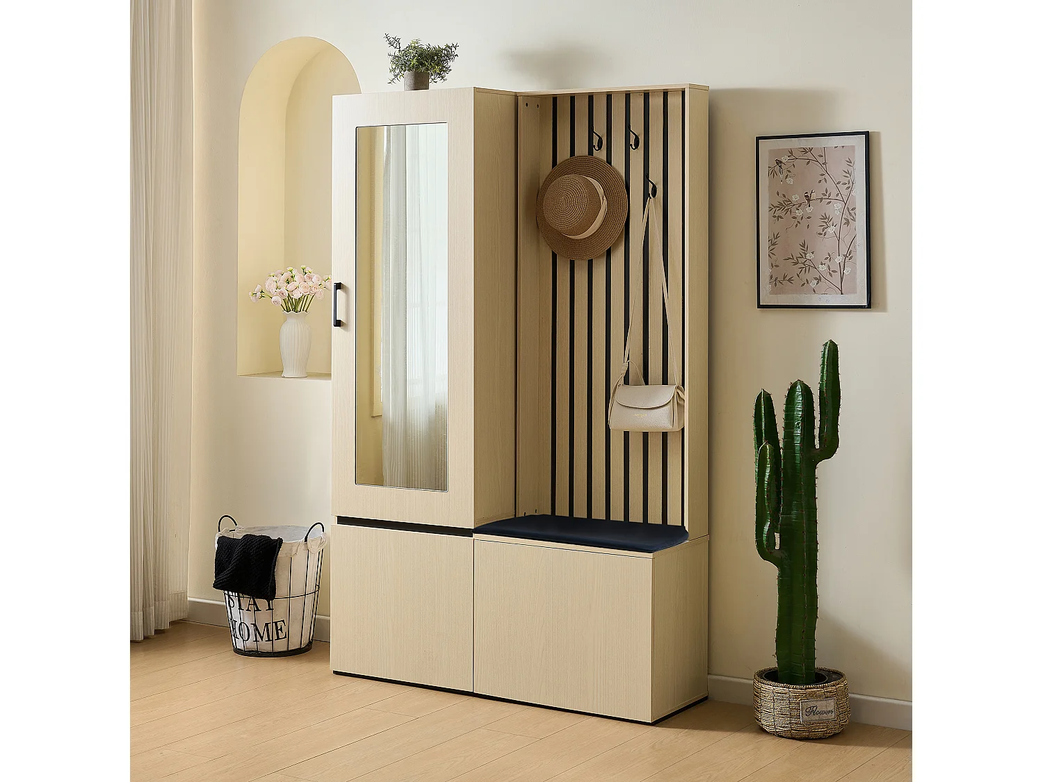 Ensemble vestiaire d'entrée - tringle à vêtements - meuble à chaussures et banc rembourré - avec miroir et 4 crochets - Naturel