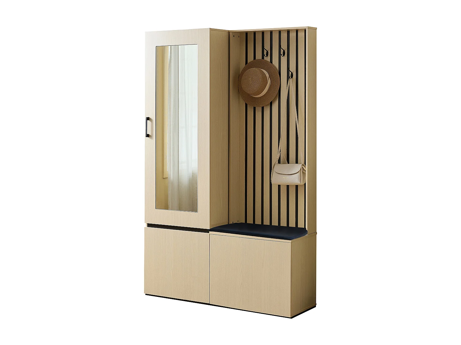 Ensemble vestiaire d'entrée - tringle à vêtements - meuble à chaussures et banc rembourré - avec miroir et 4 crochets - Naturel