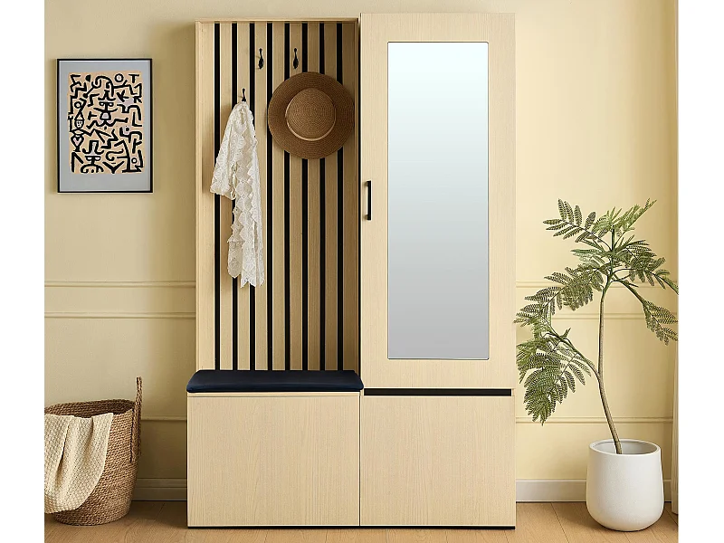 Garderobeset voor de entree - klerenhangrail - schoenenmeubel en gestoffeerde bank - met spiegel en 4 haken - Natuur