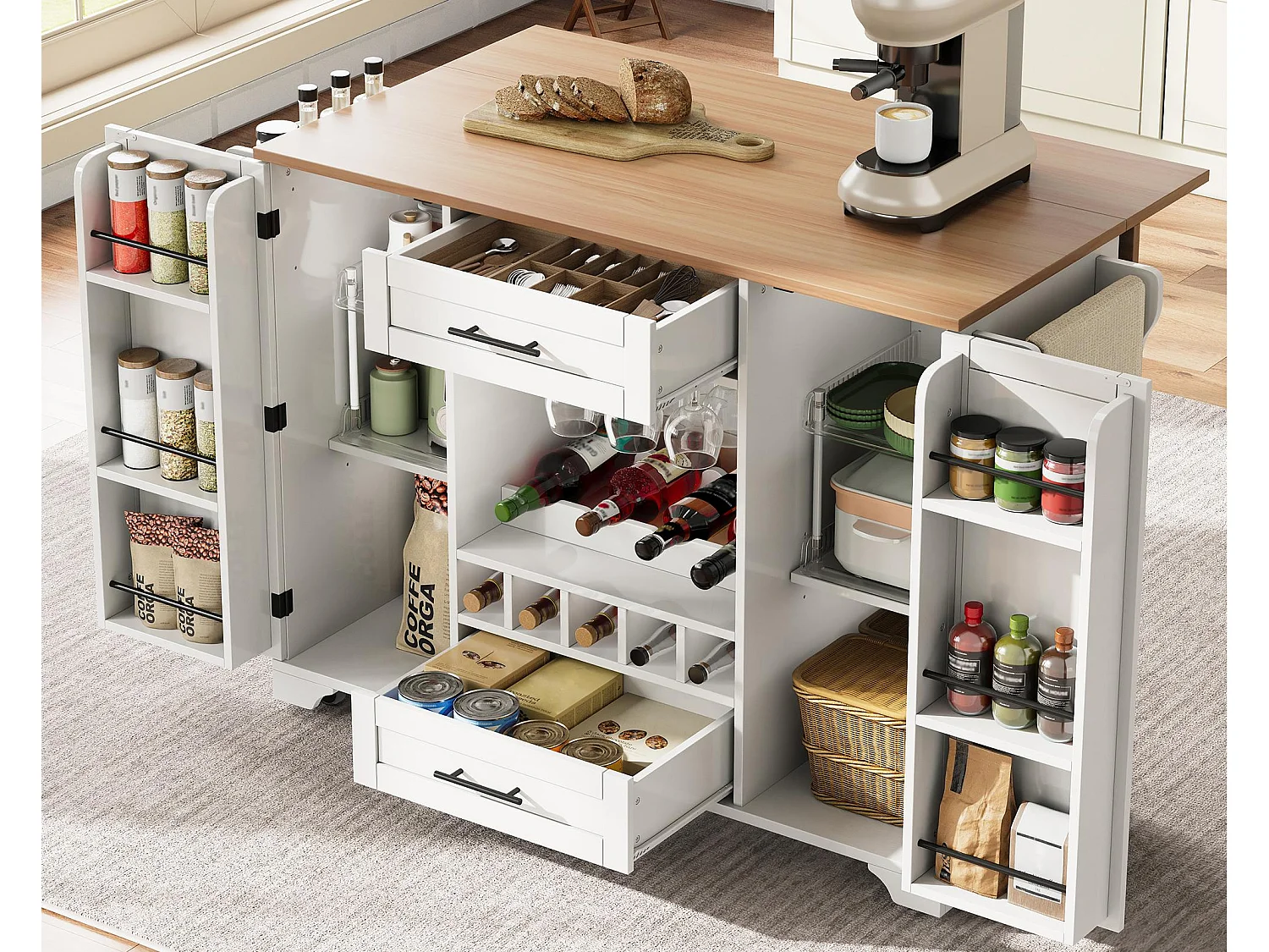 Ilot central de cuisine mobile - plateau extensible - avec casier à vin et porte-serviettes - avec 2 tiroirs et 2 portes - MDF - Blanc
