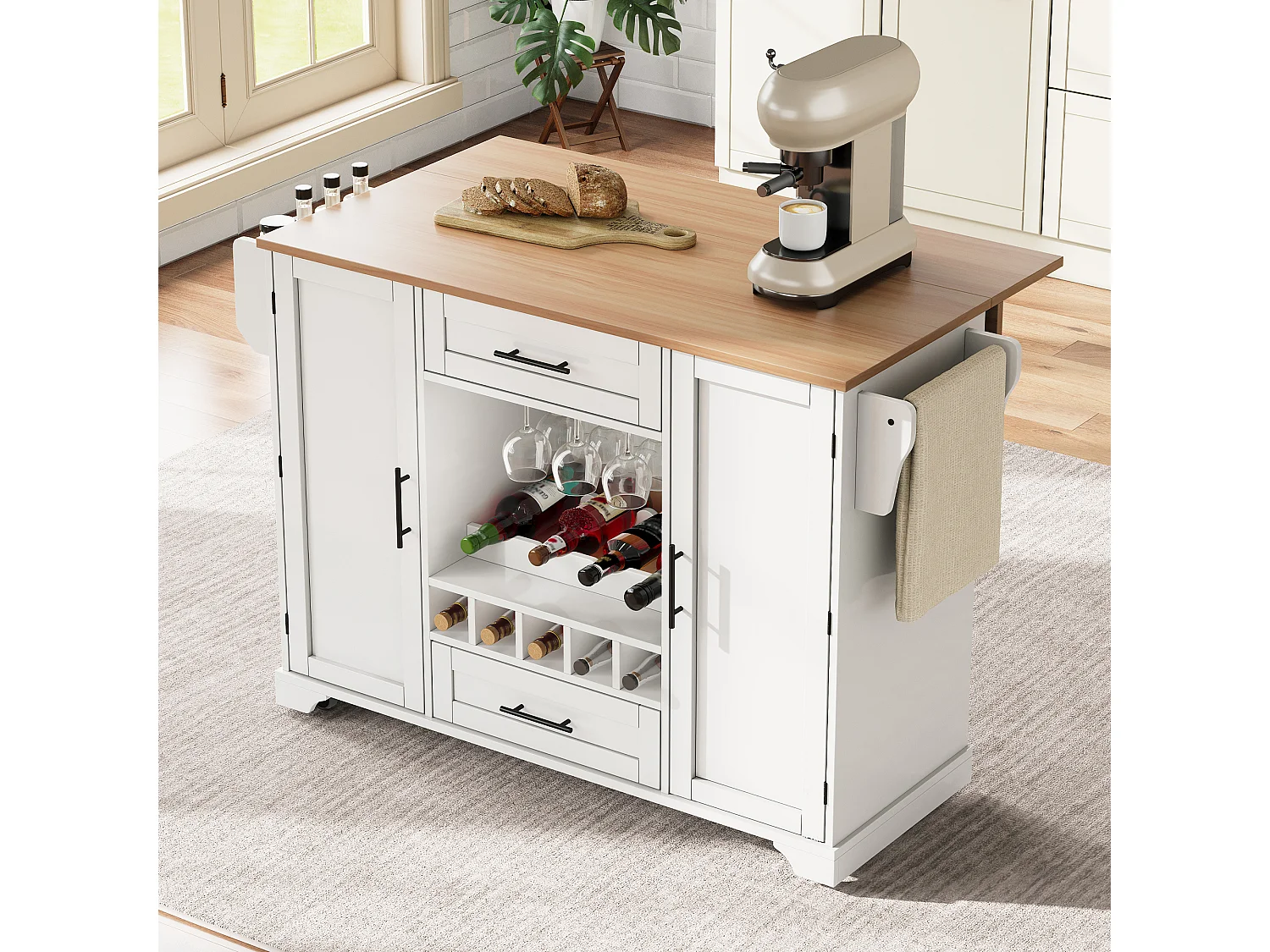 Ilot central de cuisine mobile - plateau extensible - avec casier à vin et porte-serviettes - avec 2 tiroirs et 2 portes - MDF - Blanc