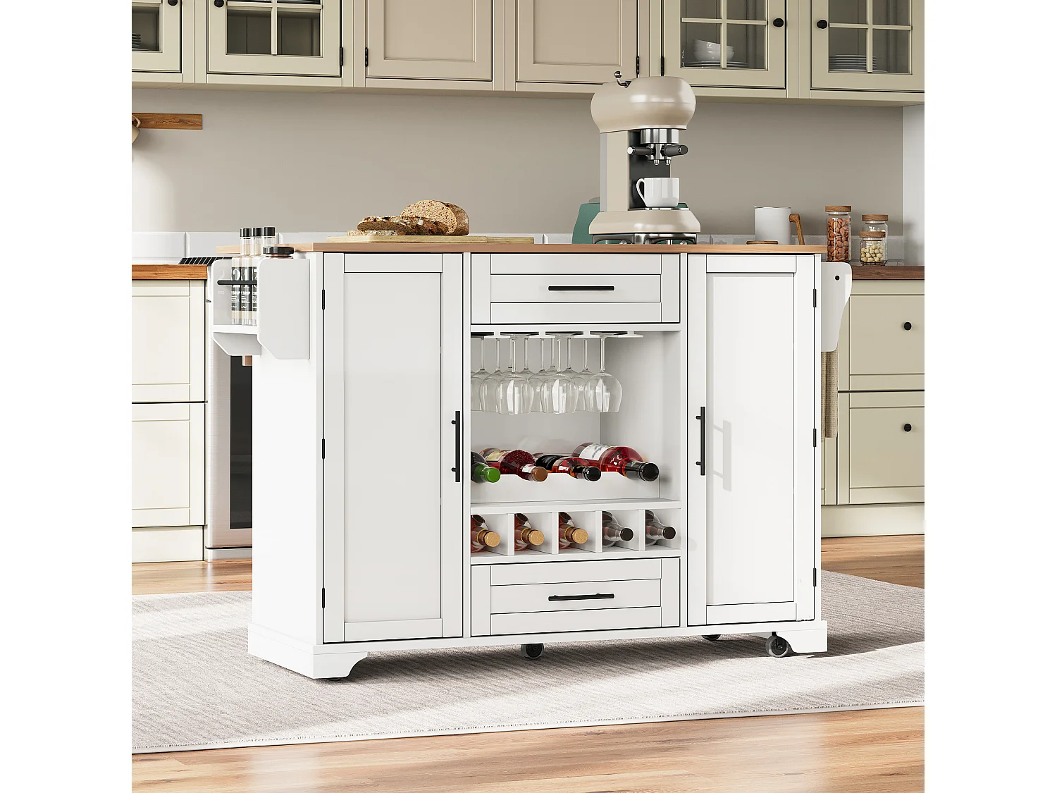 Ilot central de cuisine mobile - plateau extensible - avec casier à vin et porte-serviettes - avec 2 tiroirs et 2 portes - MDF - Blanc