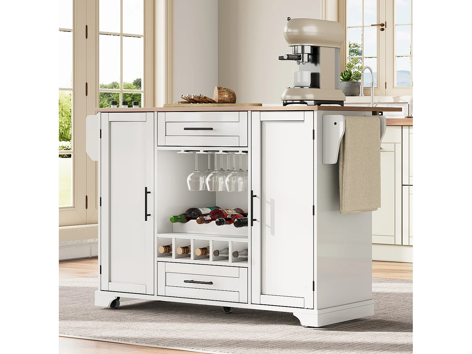 Ilot central de cuisine mobile - plateau extensible - avec casier à vin et porte-serviettes - avec 2 tiroirs et 2 portes - MDF - Blanc