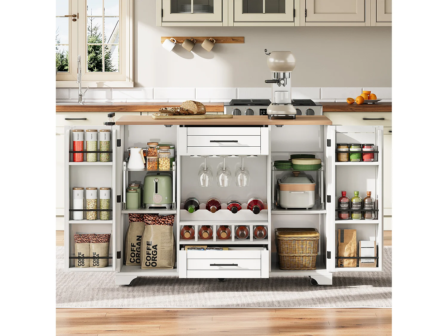 Ilot central de cuisine mobile - plateau extensible - avec casier à vin et porte-serviettes - avec 2 tiroirs et 2 portes - MDF - Blanc