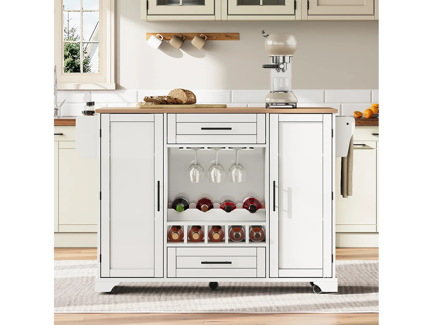 Ilot central de cuisine mobile - plateau extensible - avec casier à vin et porte-serviettes - avec 2 tiroirs et 2 portes - MDF - Blanc