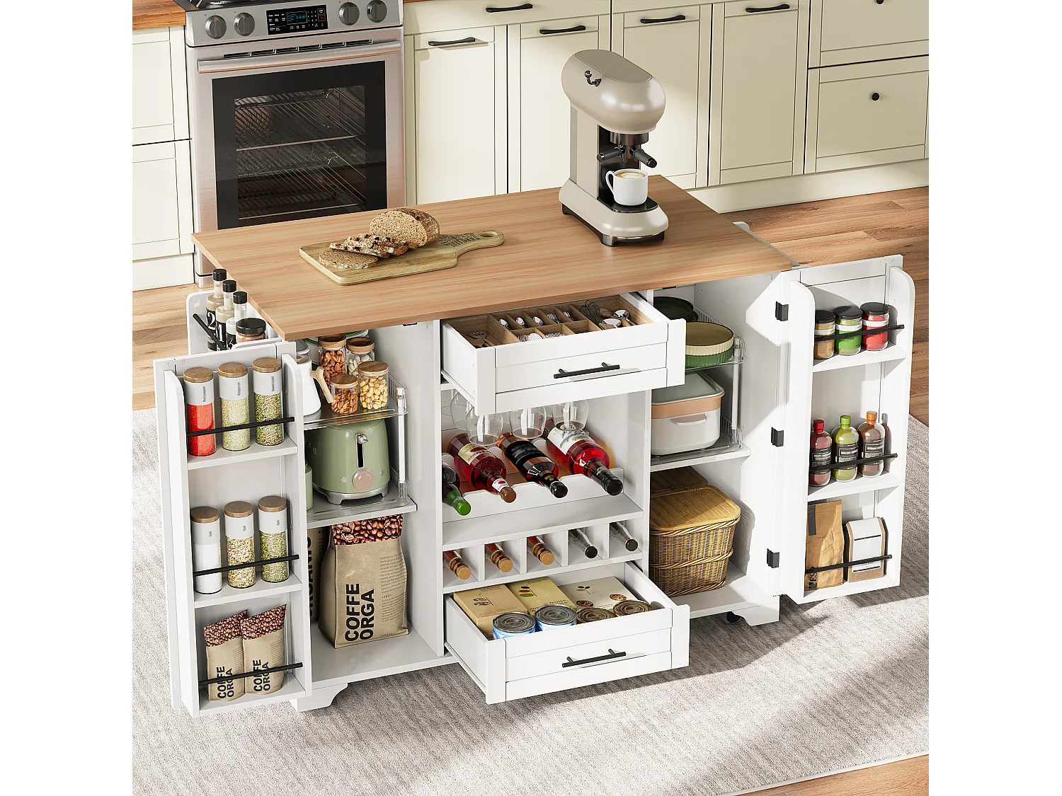 Ilot central de cuisine mobile - plateau extensible - avec casier à vin et porte-serviettes - avec 2 tiroirs et 2 portes - MDF - Blanc