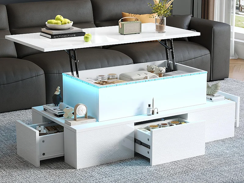 Höhenverstellbarer Couchtisch 100x50x40cm - mit 4 Schubladen - mit LED - Versteckter Stauraum - Hochglanzfinish - MDF - Weiß