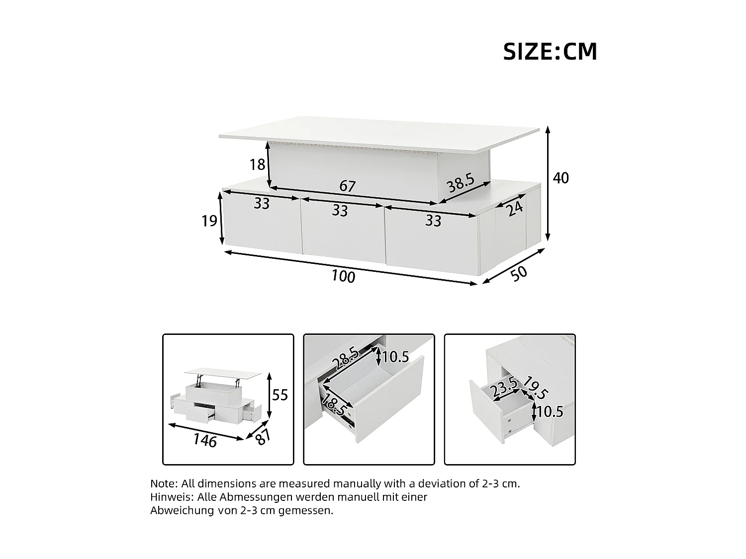 Höhenverstellbarer Couchtisch 100x50x40cm - mit 4 Schubladen - mit LED - Versteckter Stauraum - Hochglanzfinish - MDF - Weiß